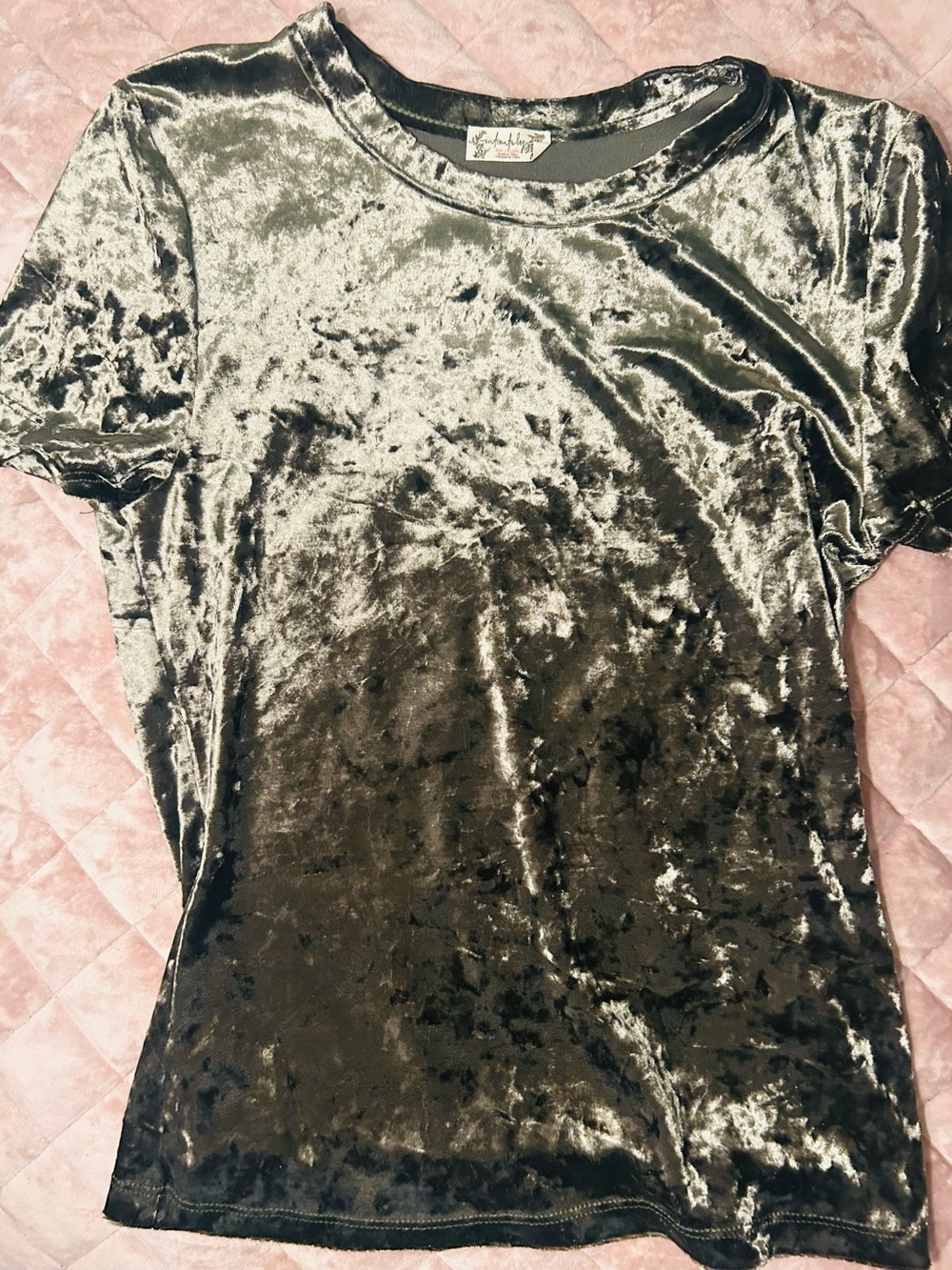 Imtimatly Free People Grey/Green Crushed Velvet Short Sleeve Tee
